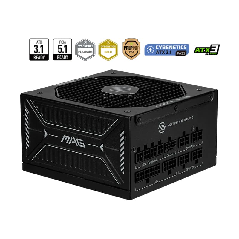 Fuente MSI MAG A1000GLS PCI-E 5, 1000W, 80 PLUS Gold, Formato ATX.